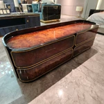 Amber High-Gloss Wood Bed End Bench with Metal Inlay Accents and Four Drawers